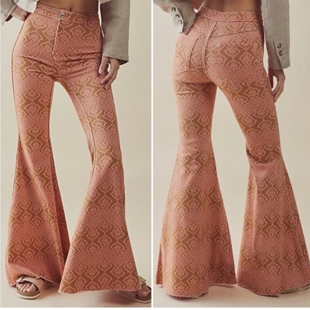 Free People Flare Pants Print Pink Reversible 29 Boho Hippy Festival